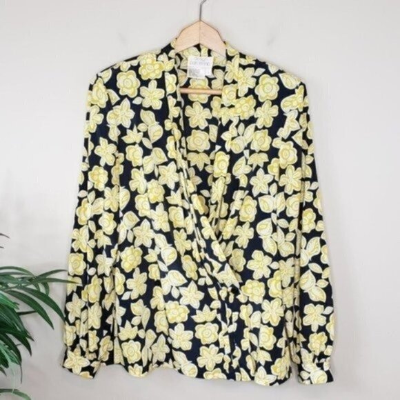 Vintage Design Partnership | Yellow Black Floral Crossover Blouse - Picture 1 of 6